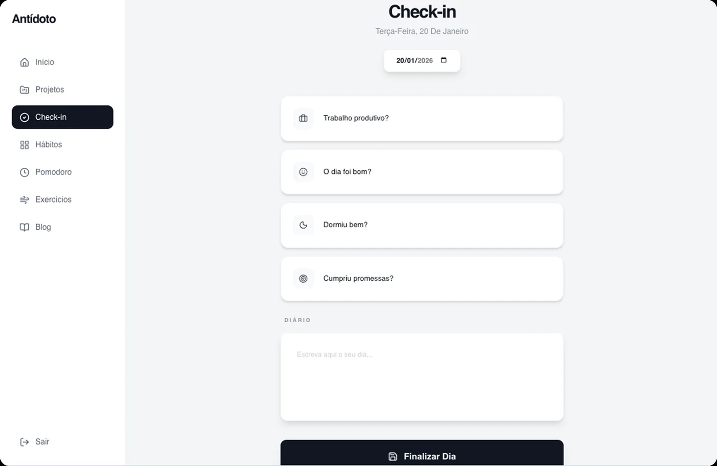 Tela de check-in do app do Antídoto