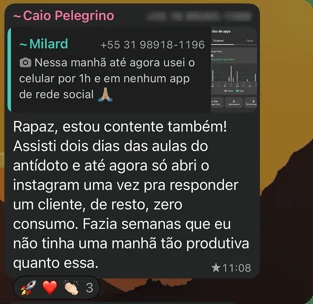 Print de Caio Pelegrino no grupo do Antídoto contando a manhã produtiva