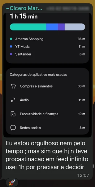 Print de Cicero com 1 hora e 15 minutos de tela no dia
